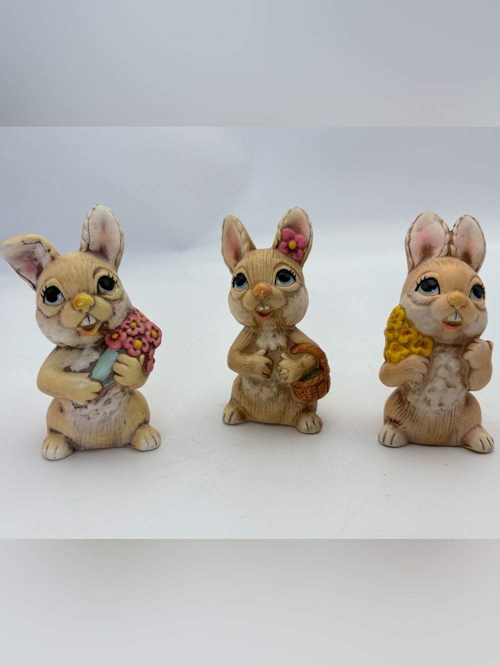 Vintage Norleans Decorative Bunny Figurines with Flower Accents - Set of 3